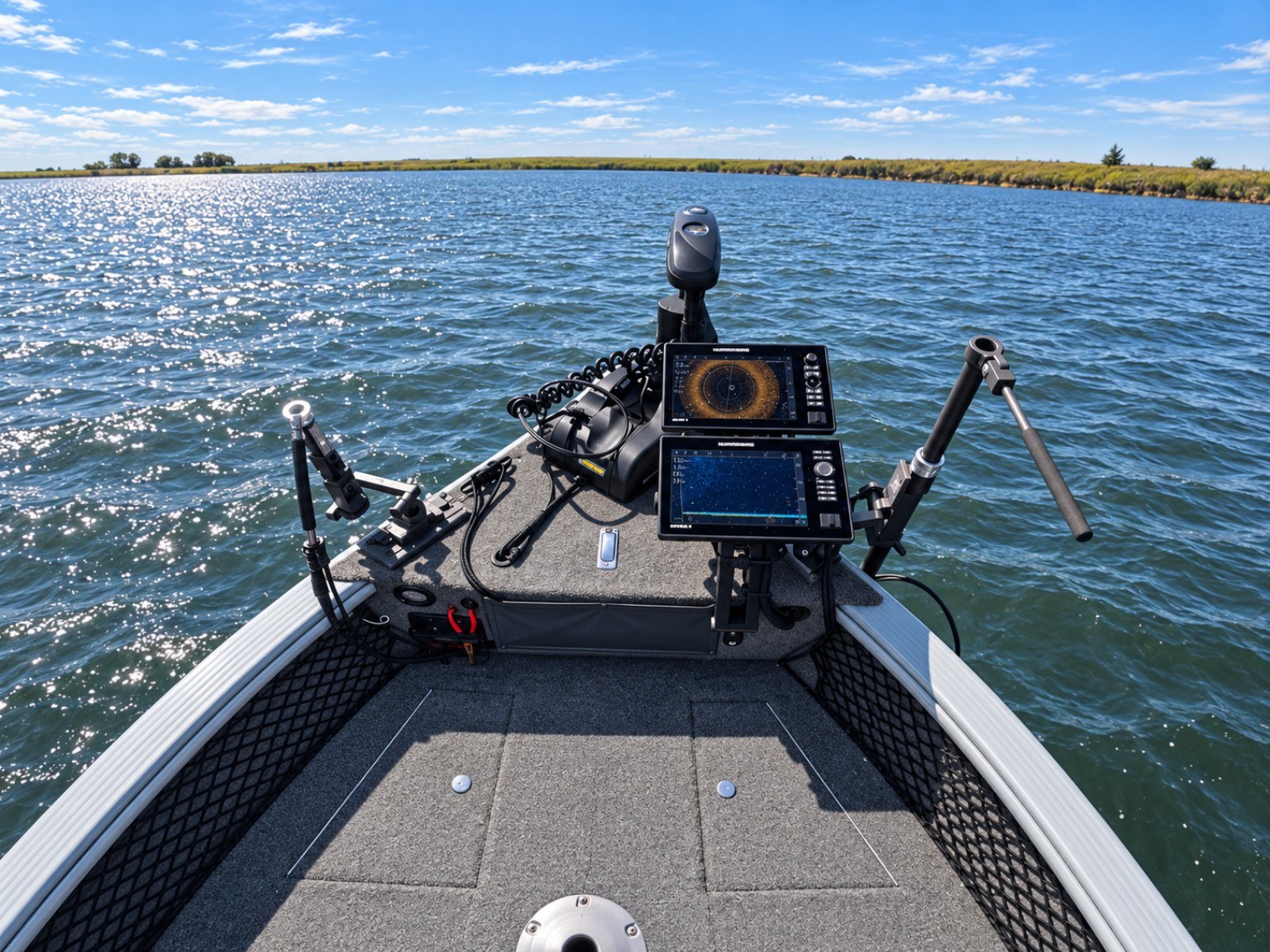 Pro Rig Marine bow rigging with dual displays, trolling motor and sonar accessories